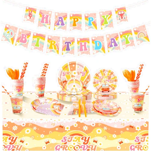 Aoerfes Groovy Party Decorations Serves 20, Hippie Plates for 60s 70s Themed Banners Tablecloth Daisy Flower Retro Rainbow Party Tableware Orange