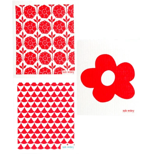 Trendy Tripper Swedish Dishcloths/Sponge Cloths: Packs of 3 Different RED or Pink Designs (3-Pk Red Blomma/Cirkus/Garden)