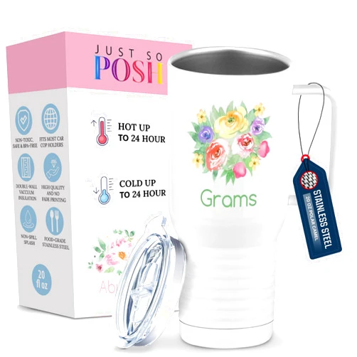 Just So Posh Grams Flowers Tumbler, Travel Coffee Mug with Handle and Slider Lid, White 20 oz Polar Camel, Stainless Steel, Vacuum Insulated