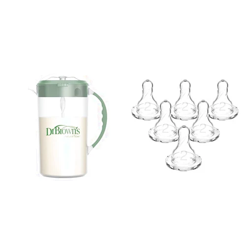 Dr. Brown's Baby Formula Mixing Pitcher with Adjustable Stopper, Locking Lid, & No Drip Spout & Dr. Brown’s Natural Flow Level 2 Narrow Baby Bottle Silicone Nipple, Medium Flow, 3m+