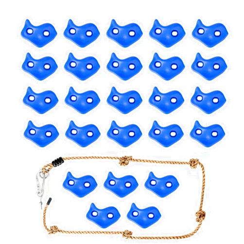 SEKKVY 25 Rock Climbing Holds with 6.56Ft Knotted Climbing Rope, Kids Climbing Holds for Indoor Outdoor Play Set, Rock Wall Climbing Kit with Mounting Hardware, Blue