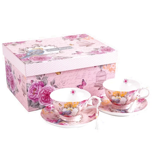 London Boutique Tea Cups and Saucers Set 2 Tea Set Floral Tea Cup Vintage Shabby Chic Premium Porcelain New Bone China Gift Box 8oz (Vintage Retro Rose)