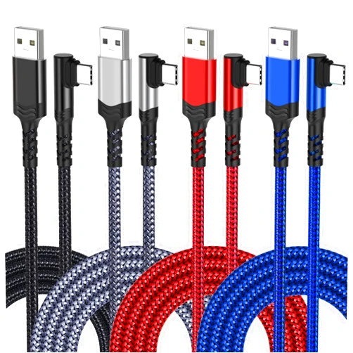 Agtray USB C Cable 10Ft, 4-Pack Long Braided USB-A to USB-C 90 Degree Plug Type C Right Angle Fast Charging Cord Compatible for Samsung Galaxy S23 S22 S21 Note 20 10, Pixel 7 7A (Black Grey Red Blue)
