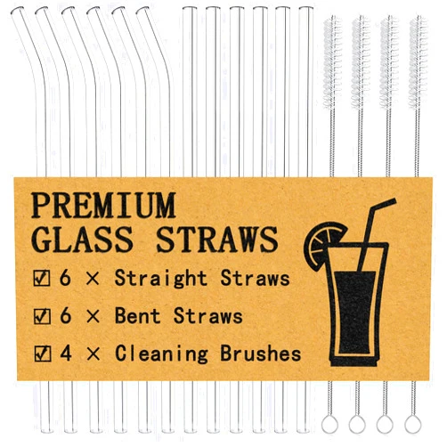 Piteno® 16-Pack Reusable Glass Straws Set, Clear Glass Drinking Straws, 8.5''x10MM, Set of 6 Straight and 6 Bent with 4 Cleaning Brushes, Perfect for Smoothies, Milkshakes, Juice, Tea
