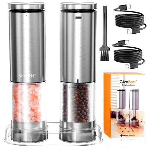 GiveBest Upgraded Larger Capacity, GvieBest Electric Salt and Pepper Grinder Set Rechargeable, Stainless Steel Pepper and Salt Grinder Mill, Automatic Pepper Shakers with Adjustable Coarseness