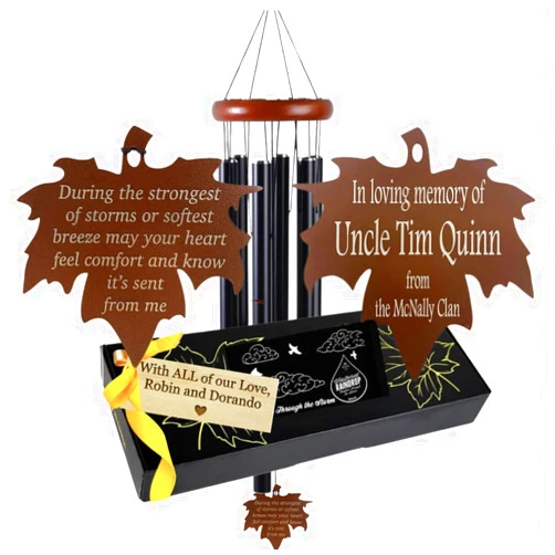 Weathered Raindrop Personalized Memorial Wind Chimes USA Seller Deep Tone Large 28 inch Black Wind Chime with Maple Leaf or Teardrop Through the Strongest of Storms Sympathy Gift after Loss by Weathered Raindrop