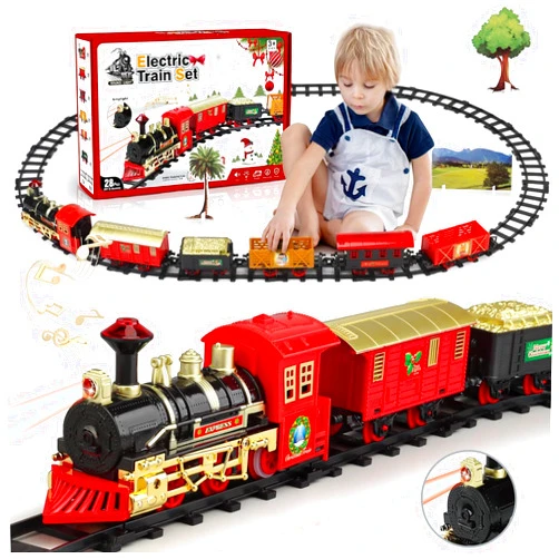UNCLEKAISSEN Train Set for Boys for Kids Age 3+, Electric Train Toys with Sound & Light, Locomotive Engine, Cargo Car & Tracks, Christmas Toy Classical Train Toys