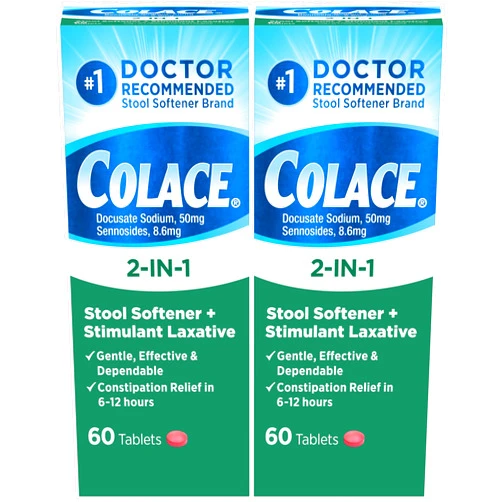 Colace 2-in-1 Stool Softener Plus Stimulant Laxative for Gentle Effective Constipation Relief, Docusate Sodium Plus Sennosides, 60 Count (Pack of 2)