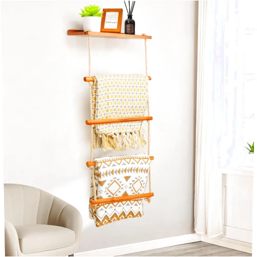 Gomyrod 5-Layer Wooden Blanket Ladder, 2-in-1 Towel Racks Blanket Quilt Towel Holder Rack Decorative Ladder, Storage Ladder Quilt Rack Blanket Holder, Ladder Shelves for Bathroom,Living Room,Bedroom