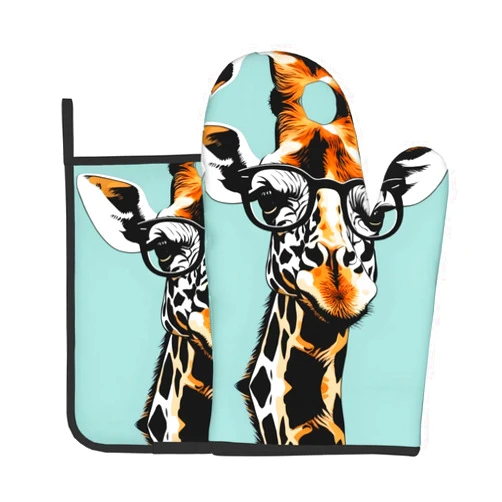 YYHWHJDE Giraffe with glasses Printing Quality Oven Mitts and Pot Holders Sets of 2 Kitchen Baking Used to open pot lids in the kitchen