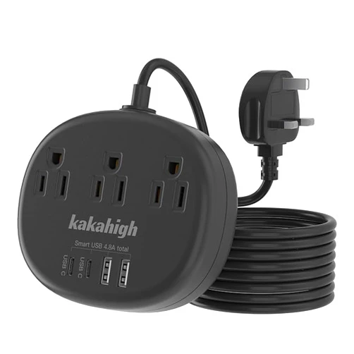 Kakahigh Black UK Adapters for Travel(13A), US to UK Plug Adapter with 3 Outlets 4 USB Ports Total Output 24W, Type G Plug Adapter and Outlet Converter for USA to British Ireland Scotland Hong Kong, 5FT