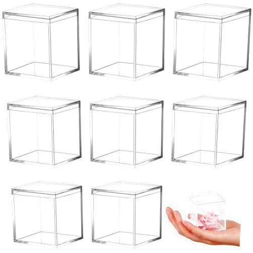 Blulu 8 Pcs Clear Acrylic Box with Lid Plastic Jewelry Mini Storage Box Mini Cube Containers for Candy and Tiny Jewelry Easter Party Favor(2.6 x 2.6 x 2.6 Inch,Classic Style)