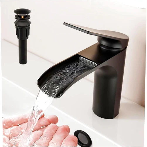RIVAMBER Waterfall Bathroom Sink Faucet, 1 Hole with 3 Hole Cover Plate, Matte Black Brass Modern Single Handle Deck Mount Vanity Faucet with Metal Pop-up Drain Stopper & Water Supply Hoses