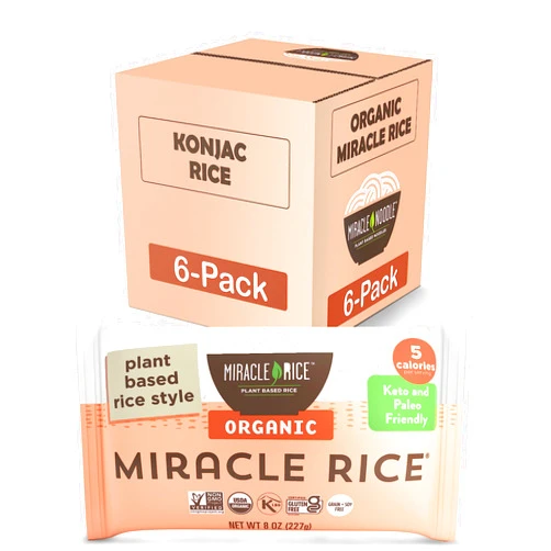Miracle Noodle Organic Konjac Rice - Keto, Plant-Based, Gluten, Grain & Soy Free, Low in Carbs & Calories, Perfect for Stir-Fry, Pilaf - 8 Oz, 6-Pack
