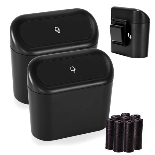 Ginsco 2 Pack Mini Car Trash Can with Lid, Small Car Garbage Can, Cute Leakproof ABS Car Trash Bin, Car Accessories for Interior, Garbage Bin for Car, Home, Office with 120pcs Trash Bags Black