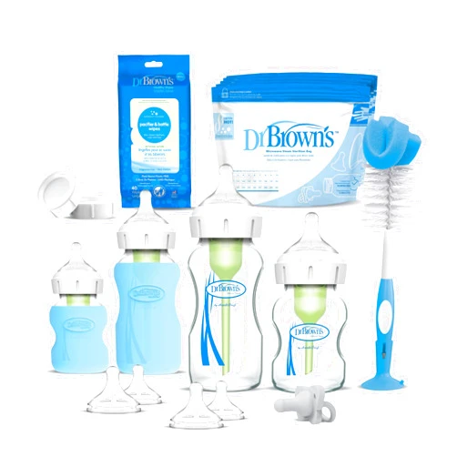 Dr. Brown's Dr. Brown’s Natural Flow Anti-Colic Options+ Wide-Neck Glass Baby Bottle Starter Set with 100% Silicone Glass Bottle Sleeves, Baby Bottle Brush, Prevent Pacifier and Pacifier and Bottle Wipes