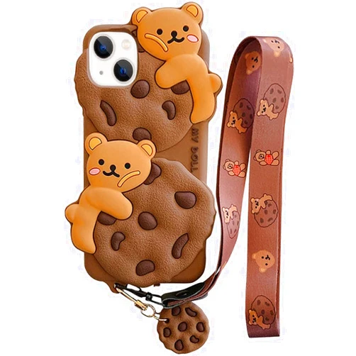 Yatchen for iPhone 14 Pro Max Case Cookie Bear Kawaii Phone Cases,Cute iPhone 14 Pro Max Case with Strap Lanyard 3D Cartoon Bear Soft Silicone Protective Case Funny for iPhone 14 Pro Max Women Girls