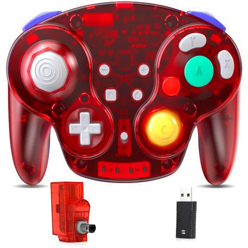 SAFFUN 2.4 GHz Wireless GameCube Switch Pro Controller, for NGC GameCube Console, Switch/Switch OLED, PC, Steam Deck (Built-in Rumble) (Rechargeable) (Plug and Play) Clear Red
