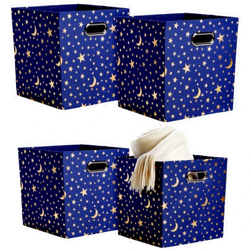Okuna Outpost 4 Pack Star Storage Cubes, Collapsible Foldable Fabric Organizer Baskets for Clothes, Toys, Gold Moons and Stars (11 In)