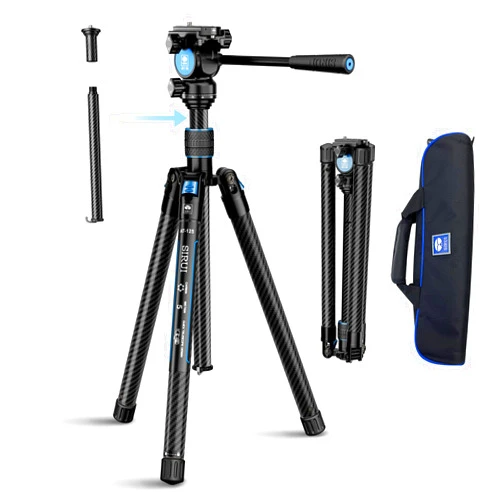 SIRUI Carbon Fiber Tripod Lightweight 2lbs with Panoramic Fluid Head, 59.8” Compact Camera Tripod Quick Release Leg Setup, Reversible Center Column, Reverse Folding Legs, Max Load 11lbs - Traveler X