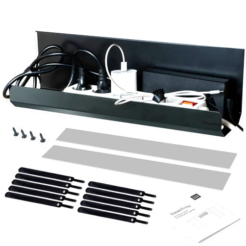 DailySleek SleekTray Under Desk Cable Management Tray No Drill Wire Organizer for Standing Desk Large Sturdy Black Steel Rack, Raceway for Cords/Power Strip/Power Bricks | 1-Pack