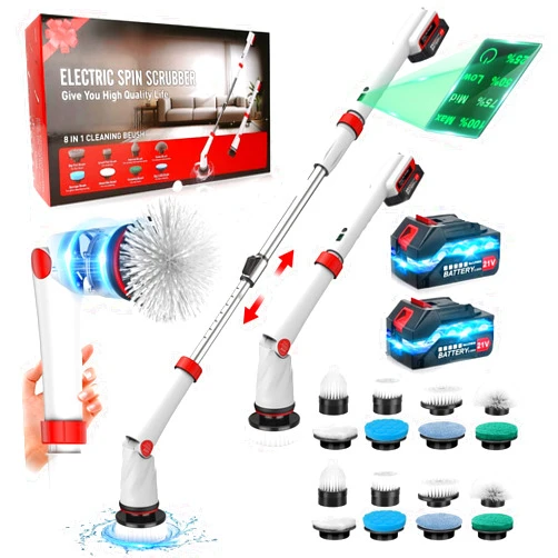 Veubew 8 in 1 Electric Spin Scrubber 2 Batteries with 2 Set Brush Heads