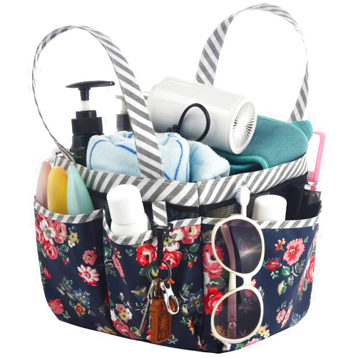 Haundry Portable Mesh Shower Caddy Bag, Large College Dorm Bathroom Caddy Organizer with Key Hook and 2 Oxford Handles, 8 Basket Pockets, Hanging Caddy Bag for Camping Gym, Printing Flower