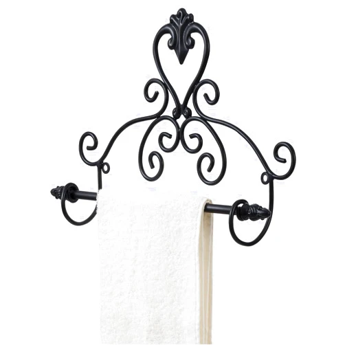 MyGift 12 Inch Wall Mounted Matte Black Metal Towel Holder Bar with Vintage Baroque Scrollwork Design, Decorative Rail for Hanging Bathroom Hand Towels or Entryway Scarves
