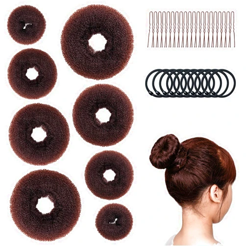Amrules Hair Bun Maker Set, 8 Pieces Donut Hair Bun Maker with 10 Pieces Black Rubber Bands and 20 Pieces Bun Bobby Pins for Ladies, Brown