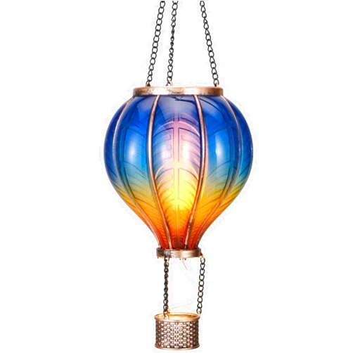 TERESA'S COLLECTIONS Hot Air Balloon Lantern for Garden Decor ,Flickering Flame Hanging Light for Outdoor ,Blue & Yellow Plastic Lamp for Yard Tree Gift for Mom