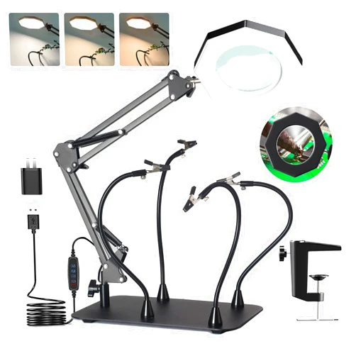 KUVRS 10X Magnifying Glass with Light and Stand,KUVRS 2200 IM 3-Color LED Magnifying Lamp, Magnetic Helping Hands, Adjustable Arm Large Base & Clamp Magnifier with Light for Soldering Craft Hobby Close Work