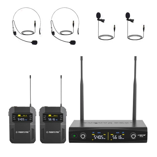 Phenyx Pro UHF Wireless Microphone System w/ 2x30 Frequencies, Metal Cordless Mic Set, 2 Bodypacks & Headsets/Lapel Microphones for Speaking, Singing, Church, DJ (PTU-52-2B)