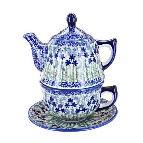 Blue Rose Pottery Blue Rose Polish Pottery - Blue Brienna Tea for One - 8 oz Capacity - Decorative Teapot with Matching Cup, Unique Gift for Tea Lovers and Collectors