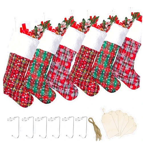 Fegwave Christmas Stockings Set of 6 Pack, 19 Inch Christmas Stockings, Family Xmas Holiday Fireplace Hanging Snowflake Red Green Plaid Stocking Christmas Decorations