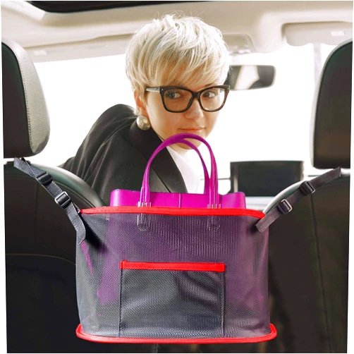 Koobea Car Net Pocket Handbag Holder, Seat Back Organizer Bag for Purse & Pocket Smaller Items, Driver Storage Netting Pouch, Barrier of Backseat Pet Kids (Black+Red Line)