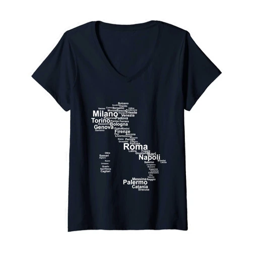 CQ Italy Design Womens Italy Map Silhouette Towns Cities Rome Milan Travel Europe V-Neck T-Shirt
