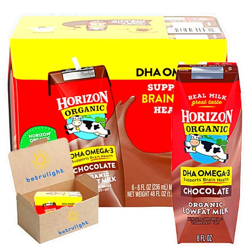 BETRULIGHT Horizon Organic Milk | Low Fat Chocolate | With DHA OMEGA-3 | Shelf Stable 1% Low Fat Milk Boxes, Chocolate, 8 oz 6 Pack | Every Order is Elegantly Packaged in a Signature BETRULIGHT Branded Box!
