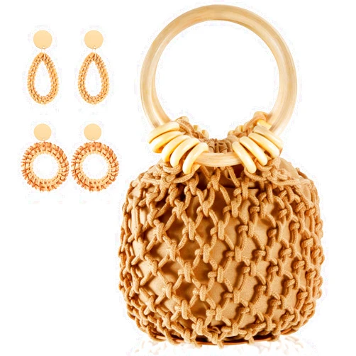 Sweetude Mini Clutch Tote Handbag 2 Pairs Rattan Earrings for Women Crossbody Bag Bohemian Woven Clutch Bucket Handbag