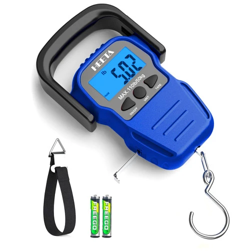 HEETA Fish Scale with Backlit LCD Display, Up to 110lb/50kg Digital Portable Hanging Fish Weight Scale with Hook & Measuring Tape for Home, Farm, Outdoor, Hunting, Fishing, 2 AAA Batteries Included