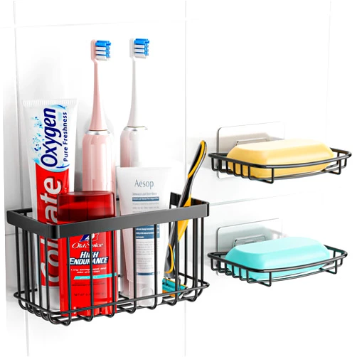 MAXIFFE Bathroom Accessory Set, 3 PCS Versatile Organizer and Soap Holder Set, Stainless Steel Shower Soap Holder, Waterproof Toothbrush Holder, Bathroom Accessories for Bathroom Kitchen Sink, Black