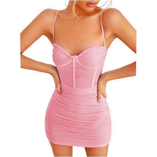 WDIRARA Women's Sexy Ruched Mesh Sheer Bodycon Spaghetti Strap Mini Bustier Cami Club Party Corset Dress