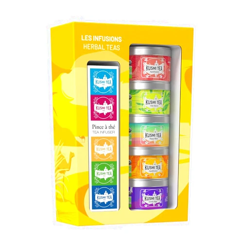 Kusmi Tea - Organic Herbal Tea Gift Set + Tea Infuser- Gift Idea for Men and Women - Caffeine-Free Teas - Hibiscus Tea, Chamomile Tea, Ginger Tea - Loose Leaf Tea - 5 Tins of 0,9 oz