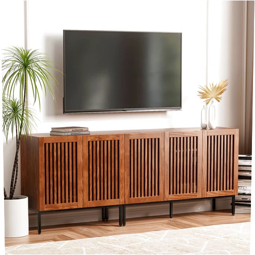 Qufusaty Farmhouse TV Stand for TVs up to 85 inch, 2 in 1 Entertainment Center TV Console with Storage Cabinets and Metal Base,Media Console for Living Room,Brown