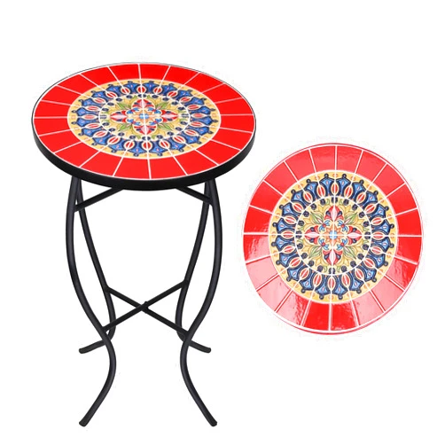 VCUTEKA Mosaic Outdoor Side Table - Small Patio Table Coffee Table Outside Accent Table Round End Plant Table for Bistro Balcony Porch Outdoor Benches 14'' Mosaic Table Red
