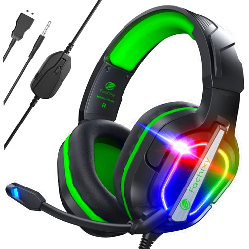 Fachixy「2024 New」FC200 Gaming Headset for PS4/PS5/PC/Xbox One, Noise Canceling Headset with Stereo Microphone Sound, Computer Headset with 3.5mm Jack & RGB Light