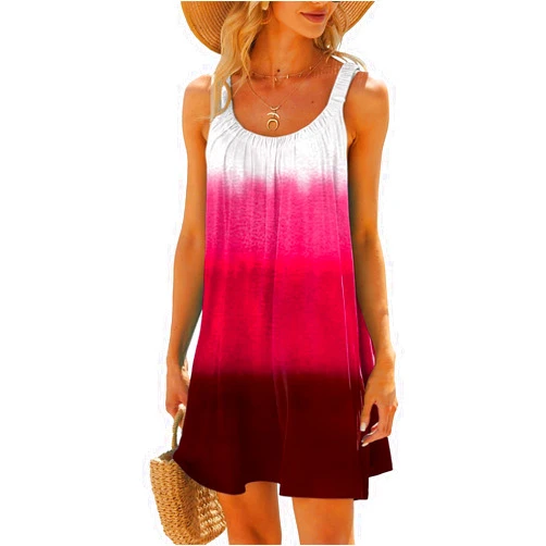 Eduavar Mini Sundresses for Women Sexy, Casual Dresses for Women 2024 Gradient Sleeveless Crew Neck Tank Dress with Pockets