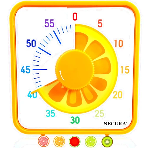 Secura 7.5-Inch Fruit Visual Timer for Kids, 60-Minute Countdown Timer for Classroom or Kitchen, Durable Mechanical Timer Clock with Magnetic Backing (Orange)