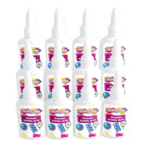 Colorations® Washable White Glue, Set of 12, Each in a 1.25 oz Bottle, Easy Spout Applicator, Goes on White and Dries Clear, Washable & Non Toxic Glue, Dries Quickly & Acid Free, School and Home Use