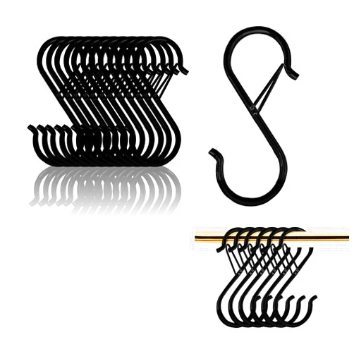 Coieaa S Hooks for Hanging, Heavy Duty with Safety Buckle Design, S Shaped Utility Hooks for Kitchen Utensil, Pans, Closet Rod, Bags, Purse, Plants, Hooks for Hanging Pots (12, Black)