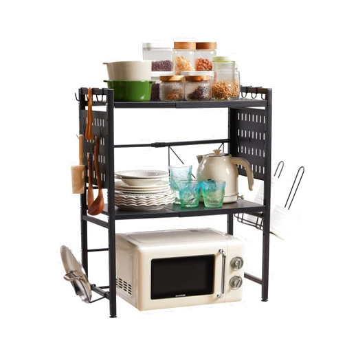 GAMTUE Adjustable Microwave Stand, 3-Tier Microwave Oven Rack with 9 Hooks, Roll Holder and Cutting Board Stand for Kitchen Shelves Counter Top Organizer, Holds 180lbs Bakers Racks for Kitchens (Black)